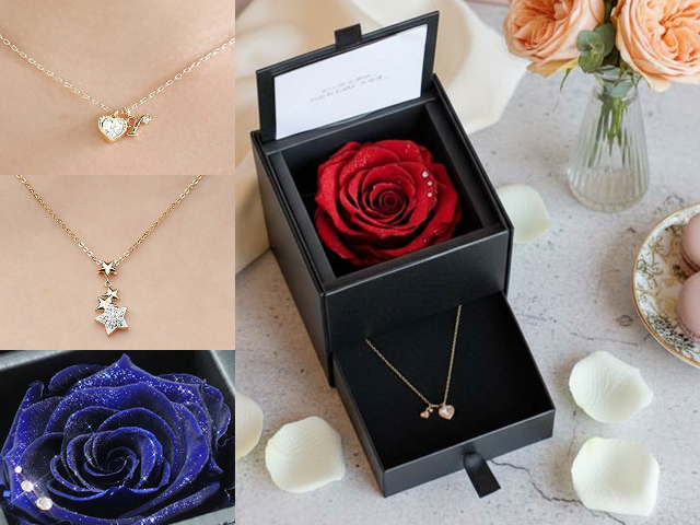 手提げ紙袋付き【プリザーブドフラワー】スワロフスキーネックレス付きダイヤモンドローズ【プロポーズ・誕生日・結婚記念日・母の日・卒園入園祝い・卒業入学祝い・退任退職祝い・出産祝い・クリスマス・長寿祝いにおすすめ】【送料無料（※一部地域を除く）】