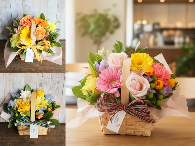 【生花】手付きバスケットアレンジメント～ガーベラの花言葉は「希望・常に前進・前向き」～【誕生日・結婚記念日・卒園入園祝い・卒業入学祝い・退任退職祝い・出産祝い・発表会・愛妻の日・バレンタイン・長寿祝いにおすすめ】【送料無料（※一部地域を除く）】