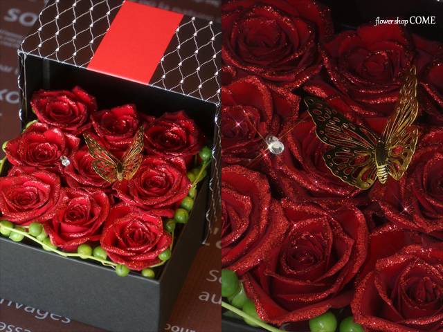 BOXアレンジメント(煌薔薇Ver.)蝶のオーナメント＆スワロフスキー