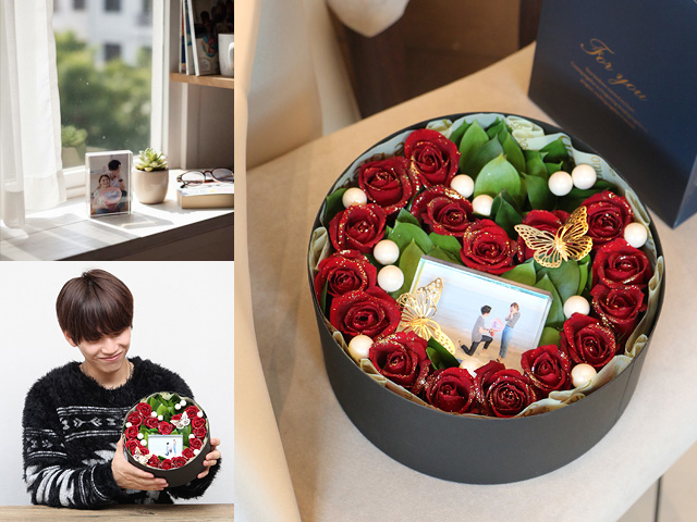 【生花】オープンハート～フォトフレーム付きバラのハート型アレンジメントBOX～【プロポーズ・誕生日・結婚記念日・卒園入園祝い・卒業入学祝い・退任退職祝い・出産祝い・愛妻の日・バレンタイン・長寿祝いにおすすめ】【送料無料（※一部地域を除く）】