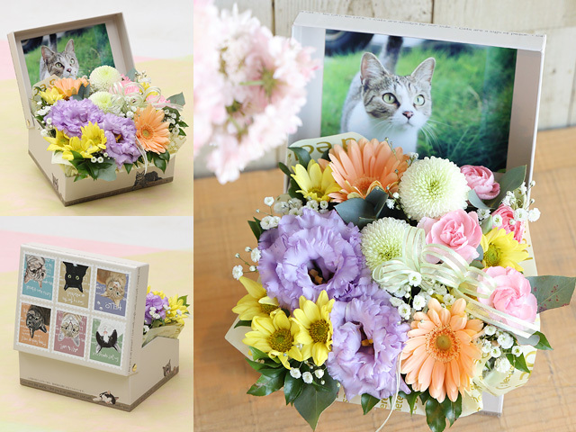 【生花】にゃんこ用お供えアレンジメント～愛猫のお悔やみ・葬式・月命日・命日・一周忌などのペット専用供養花(フォトスタンド・写真立てにもなる)動物福祉活動への寄付金付きアイテム【送料無料（※一部地域を除く）】