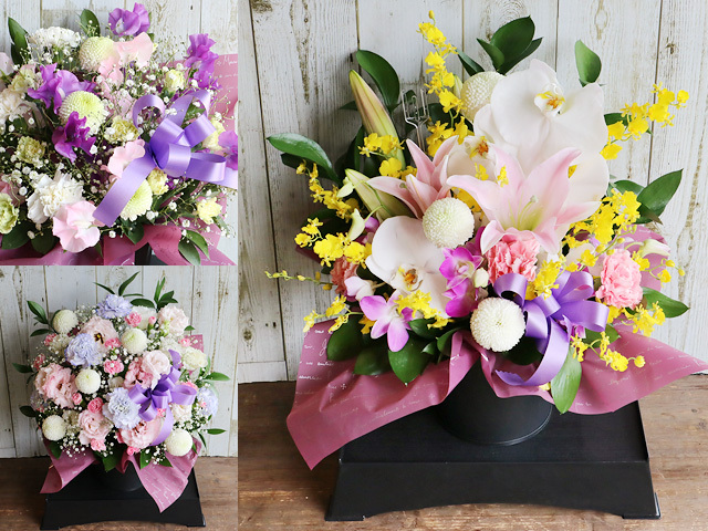 【生花】お悔やみ花・お供えアレンジメント（色花・台付き）〜法事・命日・お彼岸・喪中見舞い・母の日参り・お盆・初盆などの供養花【送料一律1100円（※一部地域を除く）】