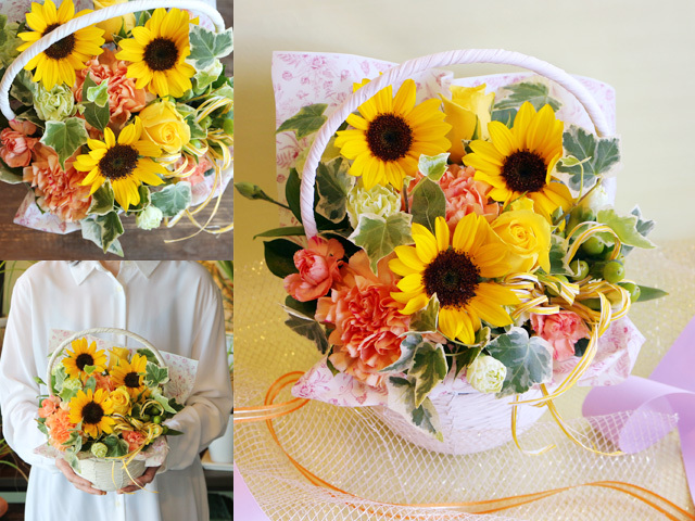 【生花】夏色ひまわりver.登場！白色手付きバスケットのナチュラルアレンジメント【誕生日・結婚記念日・父の日・卒園入園祝い・卒業入学祝い・退任退職祝い・出産祝い・発表会・長寿祝いにおすすめ】【送料一律880円（※一部地域を除く）】