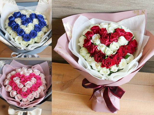 【生花】Cuteでまあるいバラのハートの花束～ラウンドinハート 【プロポーズ・誕生日・結婚記念日・卒園入園祝い・卒業入学祝い・退任退職祝い・出産祝い・愛妻の日・バレンタイン・長寿祝いにおすすめ】【送料無料（※一部地域を除く）】