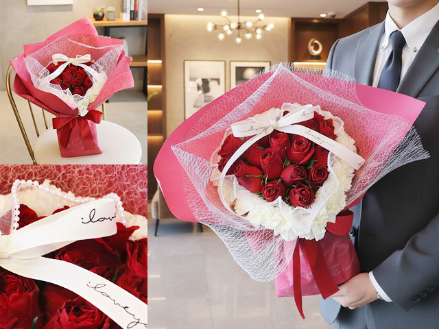 【生花】新発売！ドルチェ〜まるでショートケーキ！バラとカーネーションの花束〜 【プロポーズ・誕生日・結婚記念日・卒園入園祝い・卒業入学祝い・退任退職祝い・出産祝い・愛妻の日・バレンタイン・長寿祝いにおすすめ】【送料無料（※一部地域を除く）】