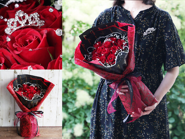 【生花】クリスタルローズ～ラインストーンが輝くバラとカスミソウの花束～ 【プロポーズ・誕生日・結婚記念日・卒園入園祝い・卒業入学祝い・退任退職祝い・出産祝い・愛妻の日・バレンタイン・長寿祝いにおすすめ】【送料無料（※一部地域を除く）】