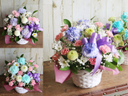 【生花】染色カーネーションのお供えアレンジメント～法事・命日・お彼岸・母の日参り・父の日参り・喪中見舞いなどの供養花・ペットのお悔やみ花【送料無料（※一部地域を除く）】