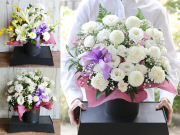 【生花】お悔やみ花・お供えアレンジメント（白基調・台付き）～法事・命日・お彼岸・喪中見舞い・母の日参り・お盆・初盆などの供養花【送料一律1100円（※一部地域を除く）】