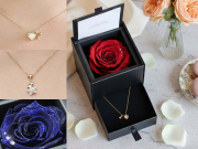 手提げ紙袋付き【プリザーブドフラワー】スワロフスキーネックレス付きダイヤモンドローズ【プロポーズ・誕生日・結婚記念日・母の日・卒園入園祝い・卒業入学祝い・退任退職祝い・出産祝い・長寿祝いにおすすめ】【送料無料（※一部地域を除く）】