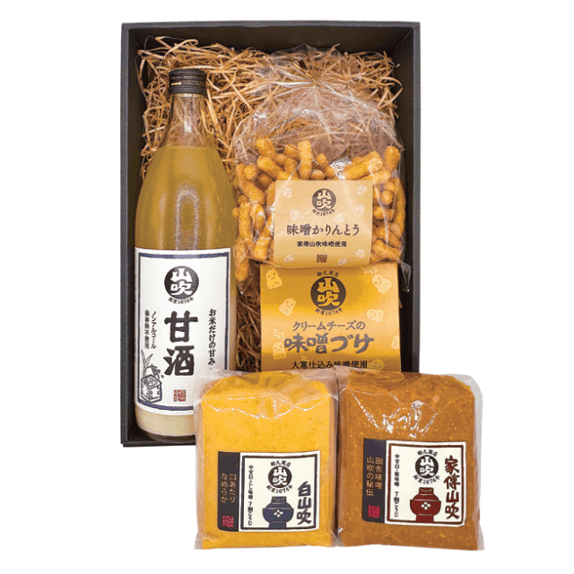 香か（ほのか）セット（送料込）（家傳山吹味噌　白山吹味噌　甘酒　味噌かりんとう　クリームチーズの味噌漬け）