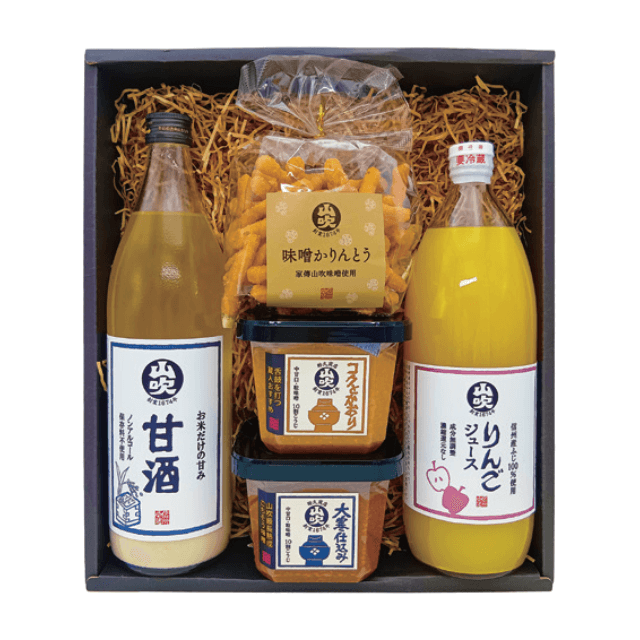なごみセット（送料込）（コクとかおり味噌　大寒仕込み味噌　ふじりんごジュース　甘酒　味噌かりんとう）