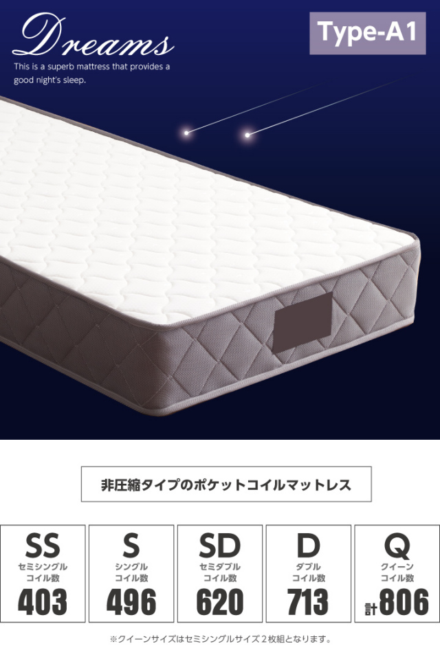 ポケットコイル マットレス クイーン セミシングル2枚 コイル数 計806