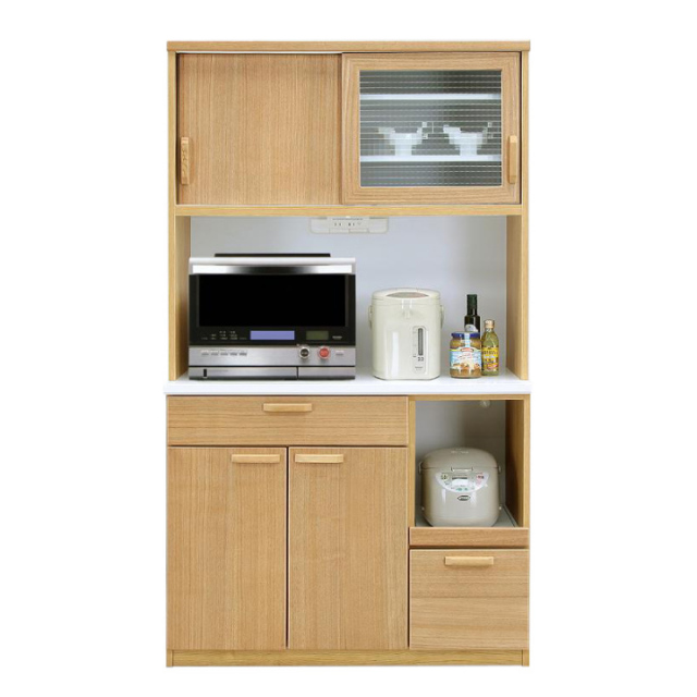 食器棚 完成品 キッチン収納 ダイニングボード 105 オープン 家電収納 オープンボード ナチュラル 天然木 木目 / 引き戸 ガラス扉 クロスガラス 引き出し カントリー調 幅105 国産 日本製 大川家具 通販 送料無料 nd-0066