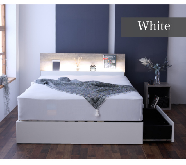 ホワイト シングルベッドフレーム ベッド シングル ベッドフレームのみ 引き出し付き 宮付き 照明付き