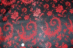 【お陰様で完売しました】チャイナドレス生地・チャイナ生地（羽根と牡丹・黒地×赤 ）(0635-05)