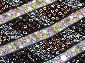 京都友禅柄 金彩ちりめん生地 花柄 和風生地 和生地 黒色　約７０ｃｍ×約５０ｃｍカット　(0647-08)