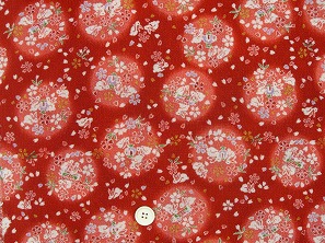 ちりめん友禅 金彩生地 可愛い小桜柄 桜の花びら うさぎ柄 赤色　約７０ｃｍ×約５０ｃｍカット　(0647-26)