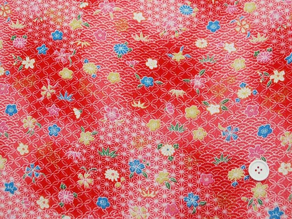 レーヨンちりめん友禅金彩生地　笹・桜・麻・梅・撫子・菊・七宝・青海波　赤