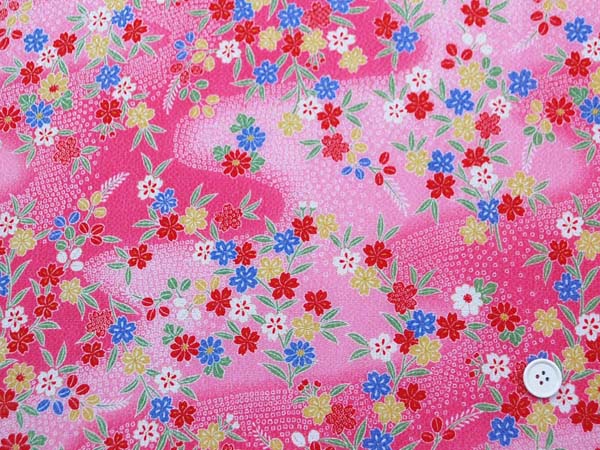 レーヨンちりめん友禅金彩生地　桜・笹・萩・菊・流水・鹿の子　ピンク