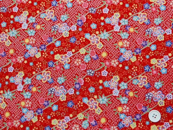レーヨンちりめん友禅金彩生地　桜・梅・鹿の子（疋田）・流水　赤