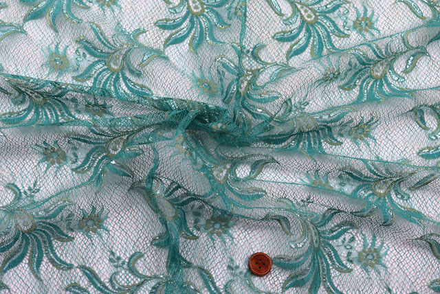 ラメ・ラッセルレース生地　エメラルドグリーン　【50cm単位】　(la739)