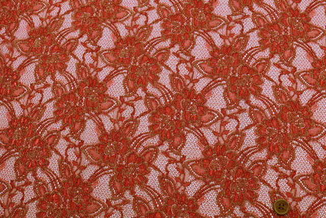 ラメラッセルレース生地　赤・金ラメ【50cm単位】　(la765)