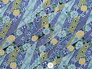 京都友禅柄 金彩ちりめん生地 花柄 和風生地 和生地 青色　約７０ｃｍ×約５０ｃｍカット　(0647-19)