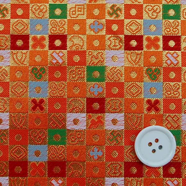 金襴　三丁サビ　宝入り石畳文（宝尽くし・市松柄）　橙色×赤×緑×白など　0651-14