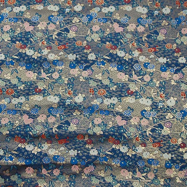 金襴　三丁サビ　花と笹蔓　紺色　0651-32