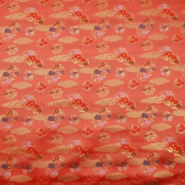 金襴　寿三丁　雲取と花の丸文　珊瑚朱色　0651-36