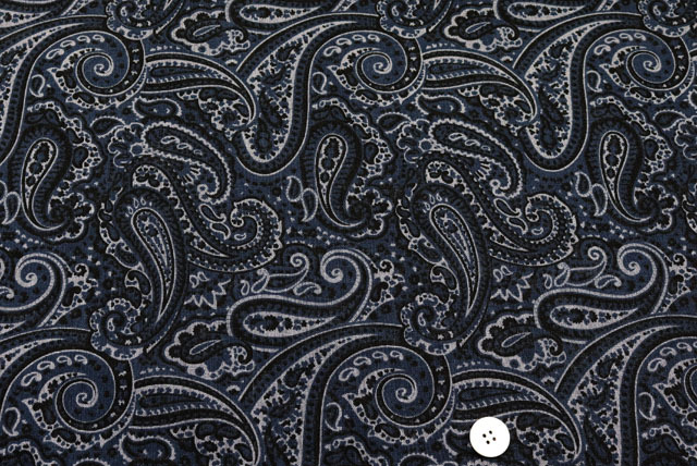 ハーフリネンプリント服地 ペイズリー柄 紺地 グレイ 生地 布地 通販 江戸ッ子
