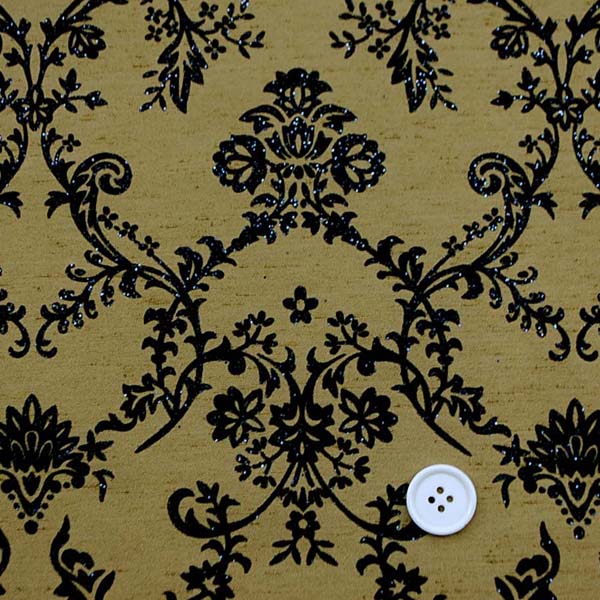 よさこいや舞台衣装に最適な　フロッキー加工のシャンタン　ダマスク調　くすんだゴールド