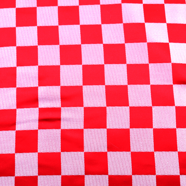 よさこいや舞台衣装に最適な　光沢感のある素材　サテンジャガード　市松格子　赤×銀