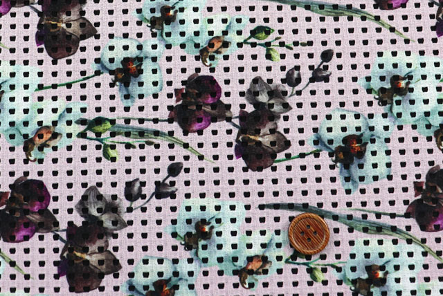 ストレッチレーシーニットプリント生地　ピンク×紫・こげ茶　【50cm単位】　(la699)