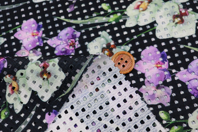 ストレッチレーシーニットプリント生地　濃紺×紫・グリーン　【50cm単位】　(la700)