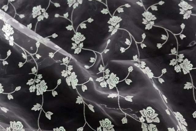 オーガンジー刺しゅうレース生地　蓄光性　（ニット生地ではありません）　白　【50cm単位】　(la721)