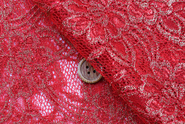 ラメラッセルレース生地　赤・金ラメ【50cm単位】　(la765)