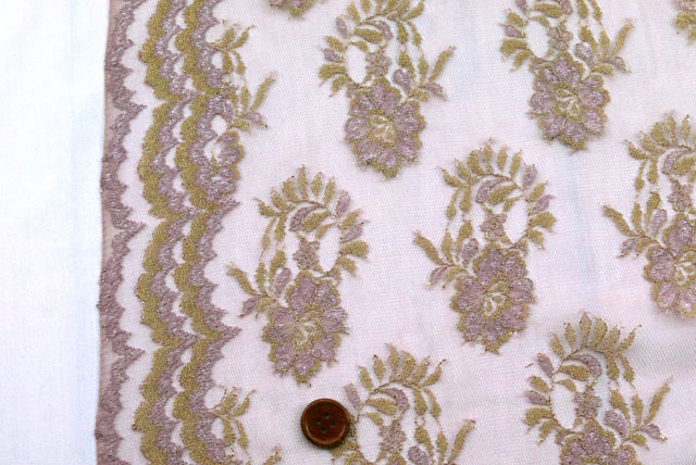 ラメチュールレース生地　うす茶紫・金と銀ラメ【50cm単位】　(la767)