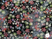 京都友禅柄 金彩ちりめん生地 花柄 和風生地 和生地 黒色　約７０ｃｍ×約５０ｃｍカット　(0647-13)