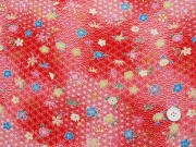 レーヨンちりめん友禅金彩生地　笹・桜・麻・梅・撫子・菊・七宝・青海波　赤