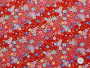 レーヨンちりめん友禅金彩生地　桜・梅・鹿の子（疋田）・流水　赤