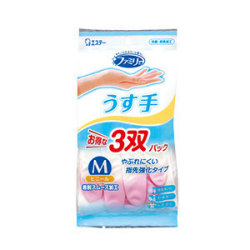 エステー ファミリー ビニール手袋 うす手 指先強化 M 3双パック（ピンク2双・グリーン1双）