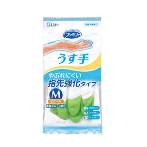 エステー ファミリー ビニール手袋 うす手 指先強化 M グリーン 1双