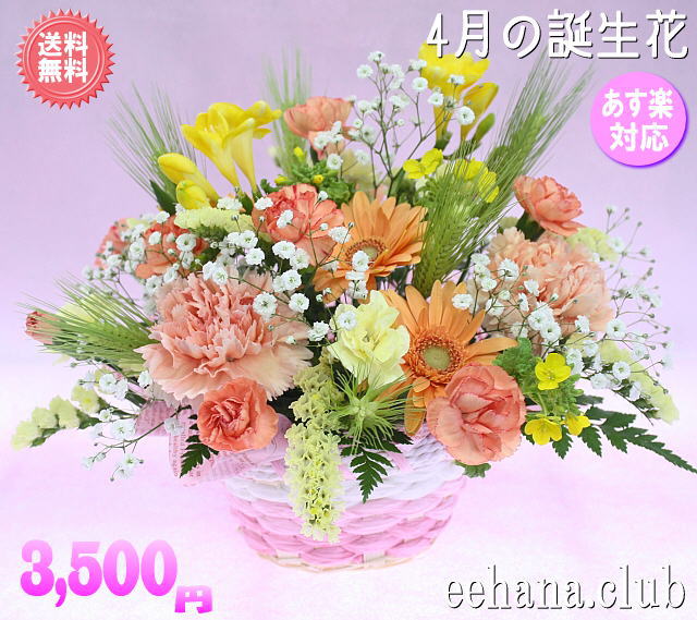 4月の誕生花★オレンジアレンジ3,500円【送料無料】花言葉付き【かすみ草】【四つ葉メッセージボトル選択可】ネット特価！