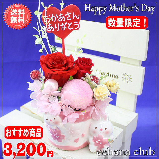 徳割！大人気！2019母の日プリザ ラビットサクラシリーズ★サクラレッド3,200円【今だけ！送料無料】ネット特価！