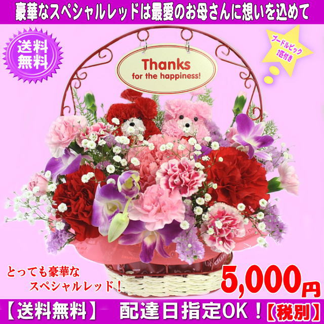 売れてます！2020★母の日★スペシャルレッドアレンジ5,500円【送料無料】【プードルピックペア2匹付き】ネット特価！