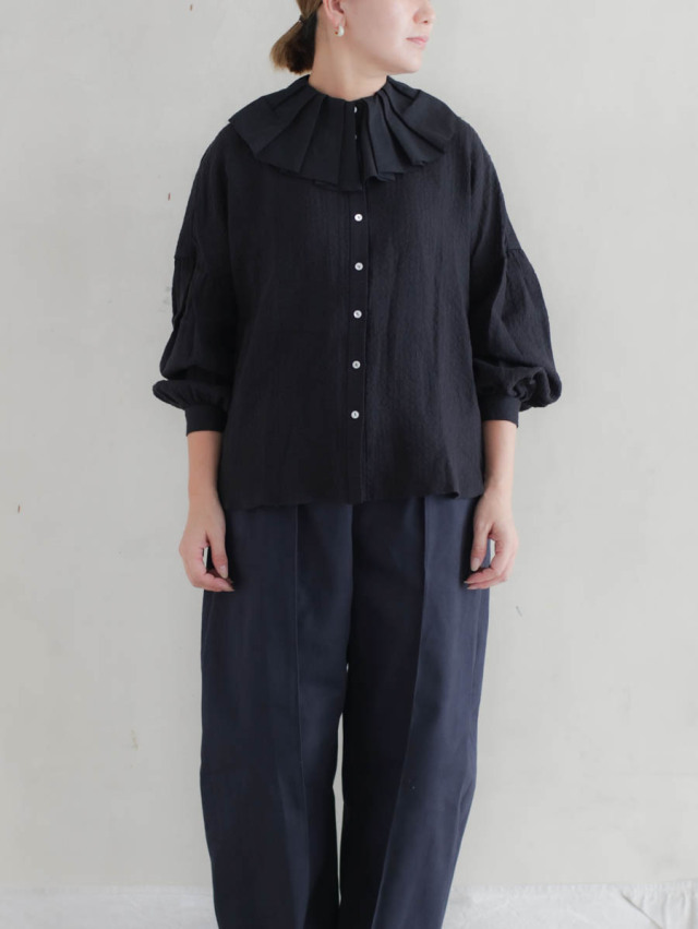 magali リネンブラウス MAGALI マガリ ストライプリネンアンティークカラーブラウス ブラック