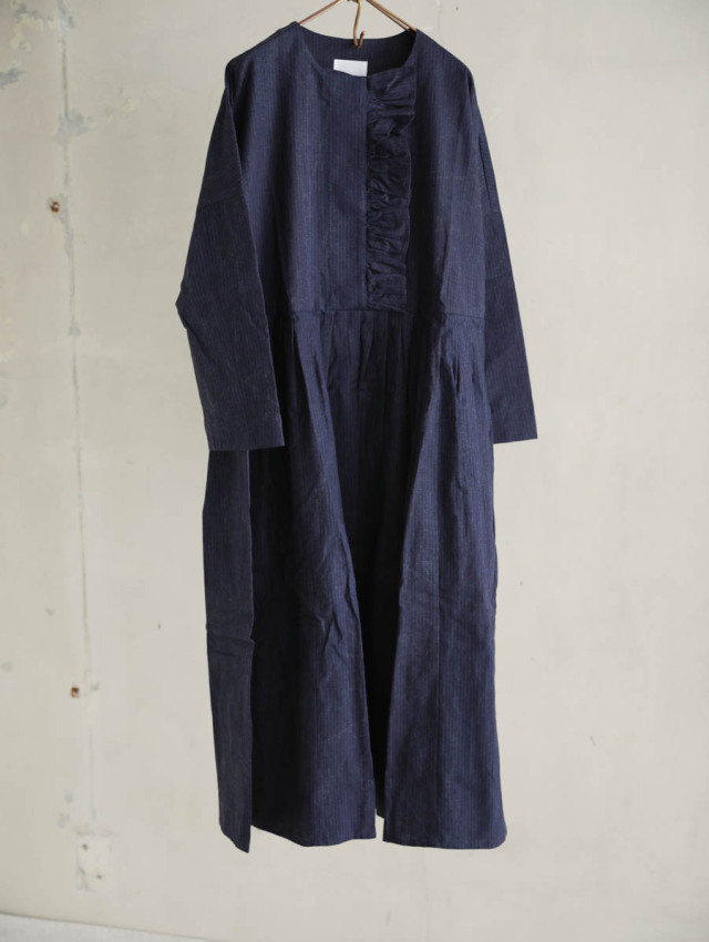 MAGALI マガリ｜インディゴコットンリネンフリルワンピース（ネイビー）