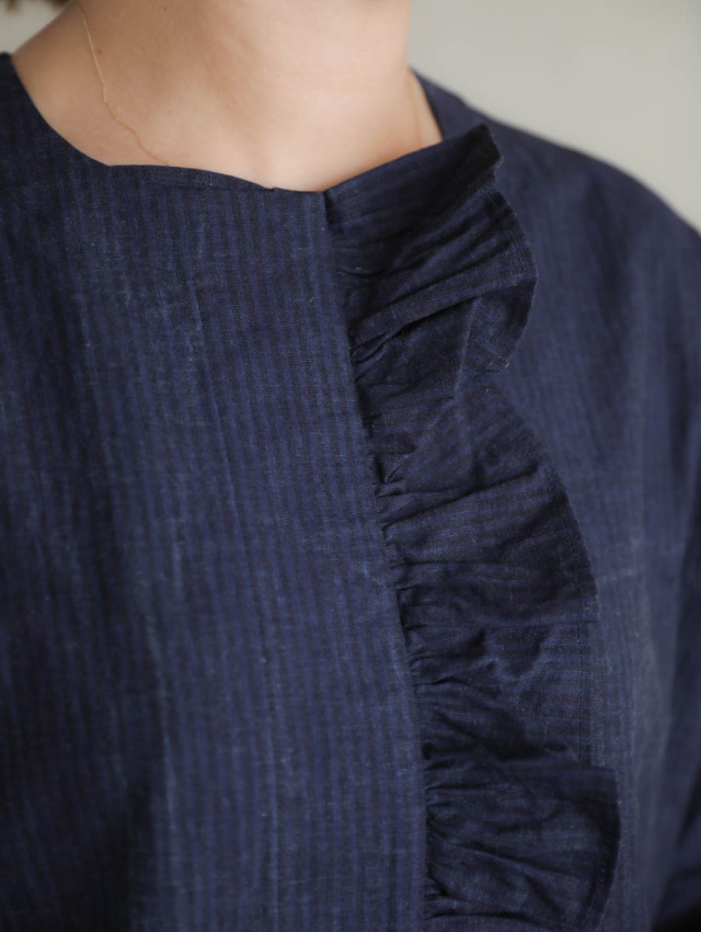 MAGALI マガリ｜インディゴコットンリネンフリルワンピース（ネイビー）