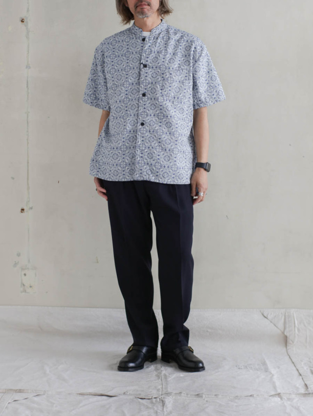 OUTIL ウティ / chemisier arley 半袖シャツ white × indigo